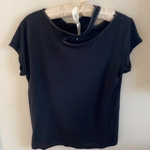 Maje black linen top with leather trim.